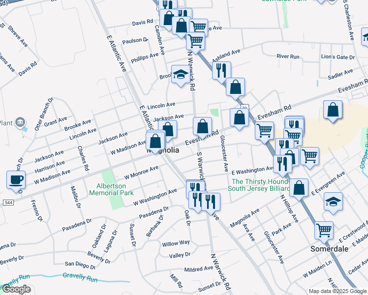 map of restaurants, bars, coffee shops, grocery stores, and more near 128 West Evesham Avenue in Magnolia