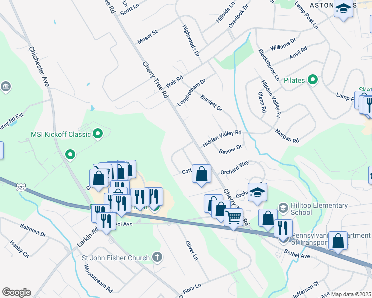 map of restaurants, bars, coffee shops, grocery stores, and more near 700 Cherry Tree Road in Aston