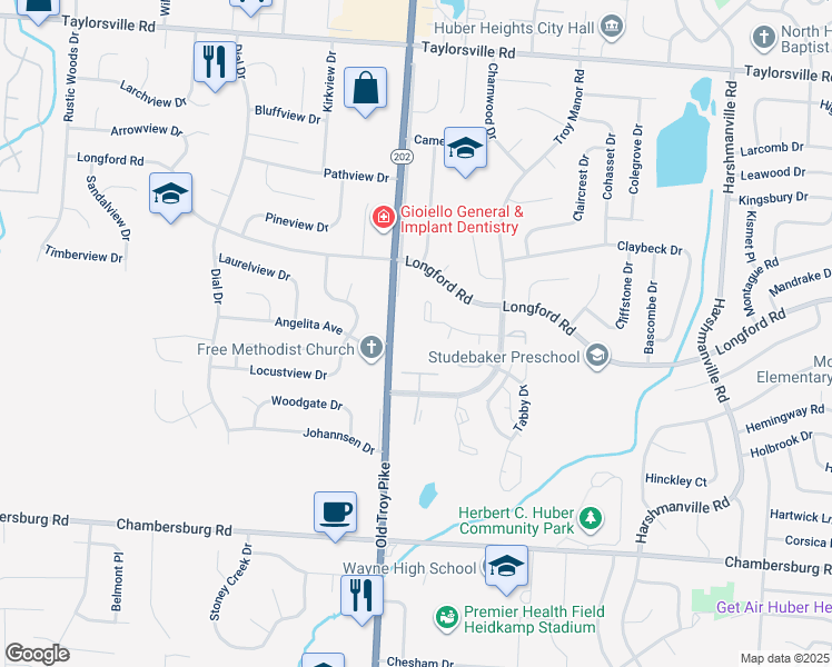 map of restaurants, bars, coffee shops, grocery stores, and more near 5847 Troy Villa Boulevard in Dayton