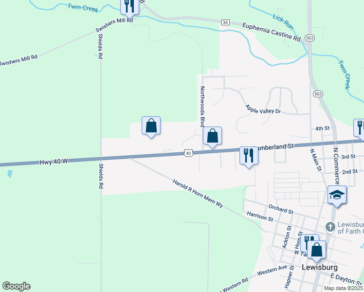 map of restaurants, bars, coffee shops, grocery stores, and more near 122 Northcreek Drive in Lewisburg