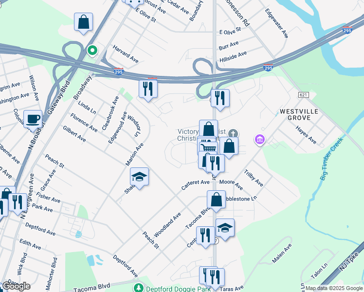 map of restaurants, bars, coffee shops, grocery stores, and more near 1605 Chestnut Lane in Westville