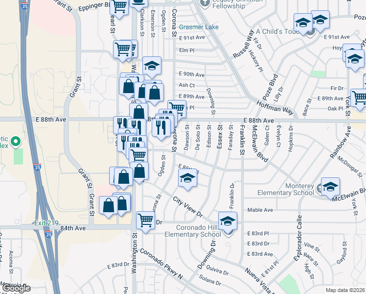 map of restaurants, bars, coffee shops, grocery stores, and more near 8761 Dawson Street in Denver