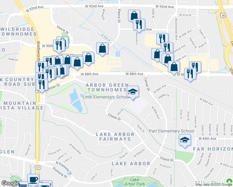 map of restaurants, bars, coffee shops, grocery stores, and more near 8752 Pierce Way in Arvada
