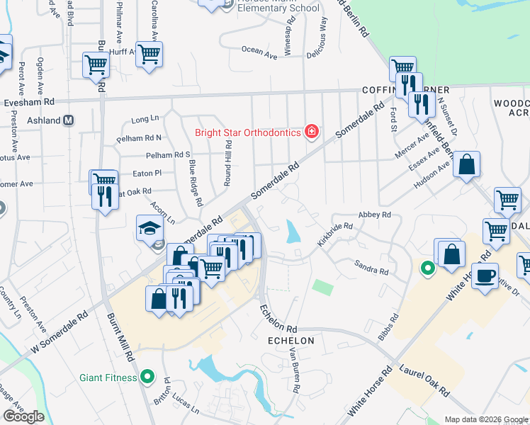 map of restaurants, bars, coffee shops, grocery stores, and more near 119 Echelon Road in Voorhees Township