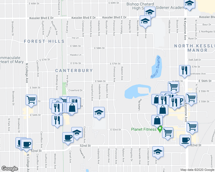 map of restaurants, bars, coffee shops, grocery stores, and more near 5545 Rosslyn Avenue in Indianapolis