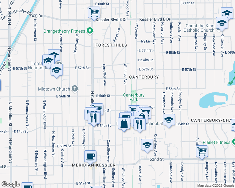 map of restaurants, bars, coffee shops, grocery stores, and more near 5626 Winthrop Avenue in Indianapolis