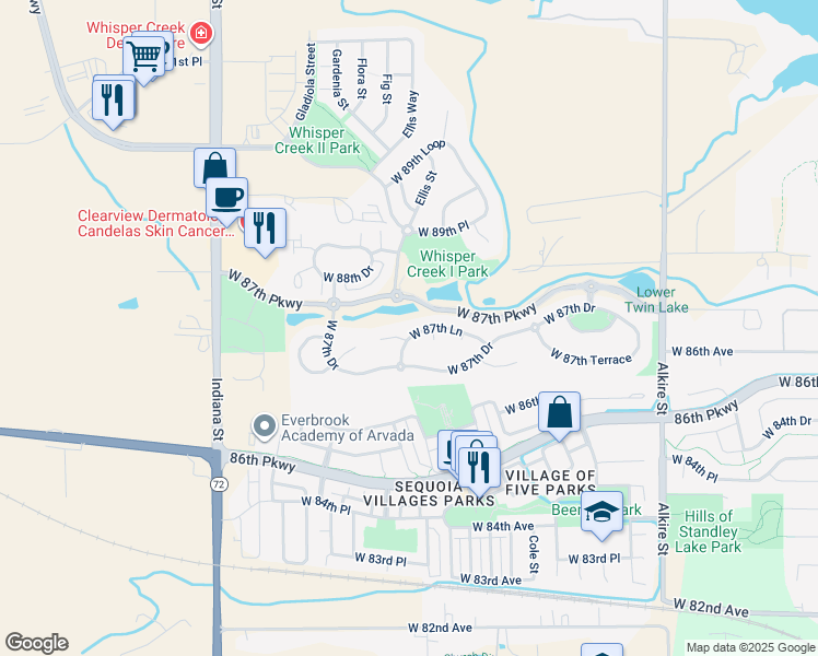 map of restaurants, bars, coffee shops, grocery stores, and more near 14063 West 87th Lane in Arvada