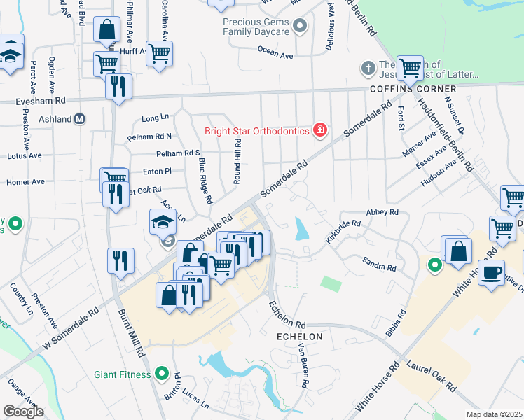 map of restaurants, bars, coffee shops, grocery stores, and more near 119 Echelon Road in Voorhees Township
