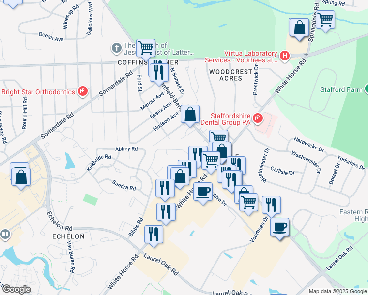 map of restaurants, bars, coffee shops, grocery stores, and more near 61 Franklin Drive in Voorhees Township