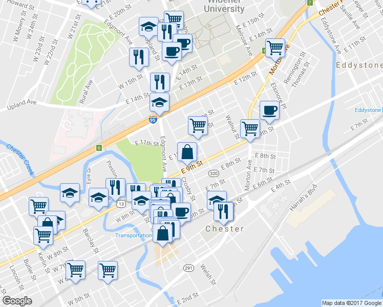 map of restaurants, bars, coffee shops, grocery stores, and more near 927 Elizabeth Street in Chester