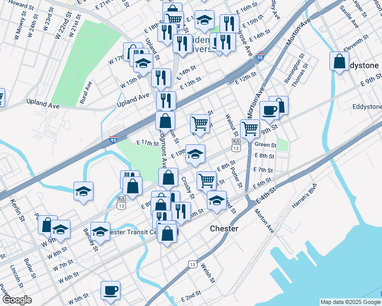 map of restaurants, bars, coffee shops, grocery stores, and more near 927 Elizabeth Street in Chester