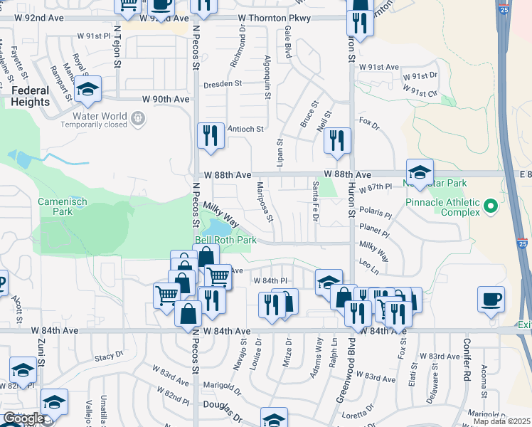 map of restaurants, bars, coffee shops, grocery stores, and more near 8675 Mariposa Street in Thornton