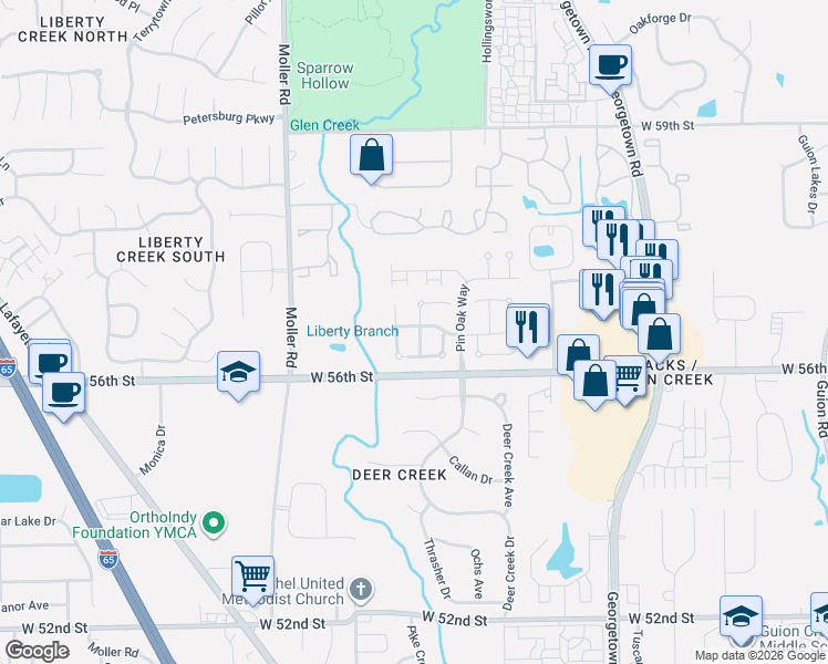 map of restaurants, bars, coffee shops, grocery stores, and more near 5657 Crown Vetch Place in Indianapolis