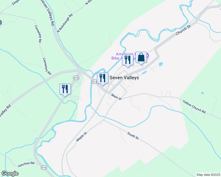 map of restaurants, bars, coffee shops, grocery stores, and more near 7 Church Street in Seven Valleys