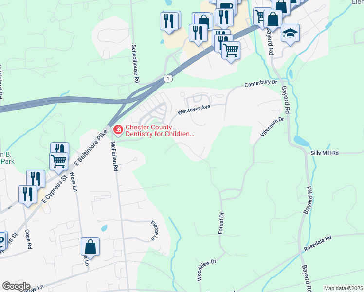 map of restaurants, bars, coffee shops, grocery stores, and more near 157 Forest Drive in Kennett Square