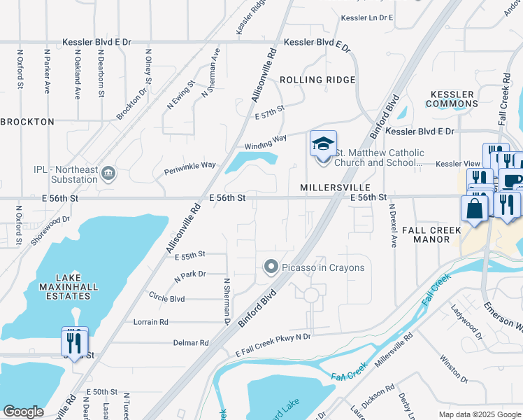 map of restaurants, bars, coffee shops, grocery stores, and more near 3861 East 56th Street in Indianapolis