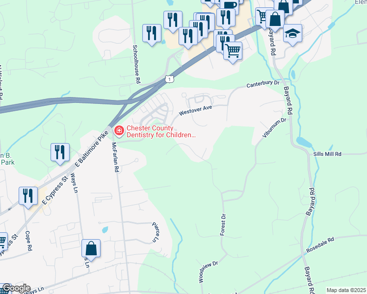 map of restaurants, bars, coffee shops, grocery stores, and more near 157 Forest Drive in Kennett Square
