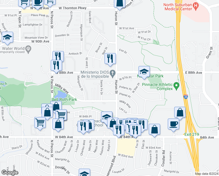 map of restaurants, bars, coffee shops, grocery stores, and more near 8701 Huron Street in Denver