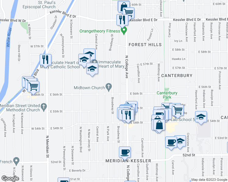 map of restaurants, bars, coffee shops, grocery stores, and more near 5607 Broadway Street in Indianapolis