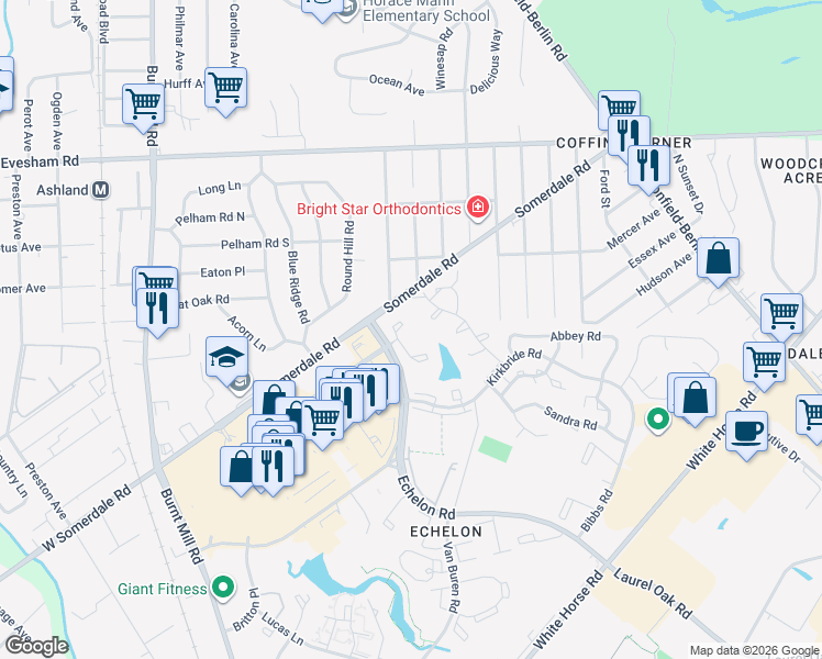 map of restaurants, bars, coffee shops, grocery stores, and more near 119 Echelon Road in Voorhees Township