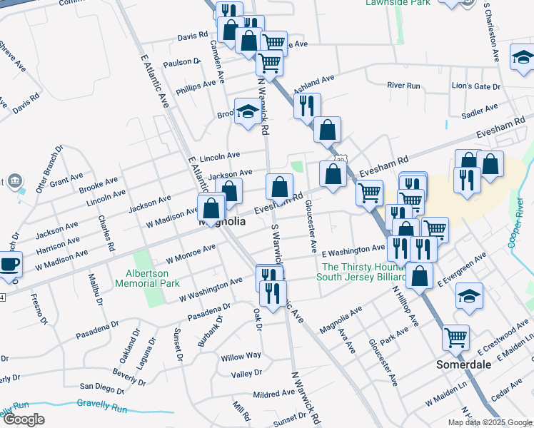 map of restaurants, bars, coffee shops, grocery stores, and more near 101 Evesham Road in Magnolia