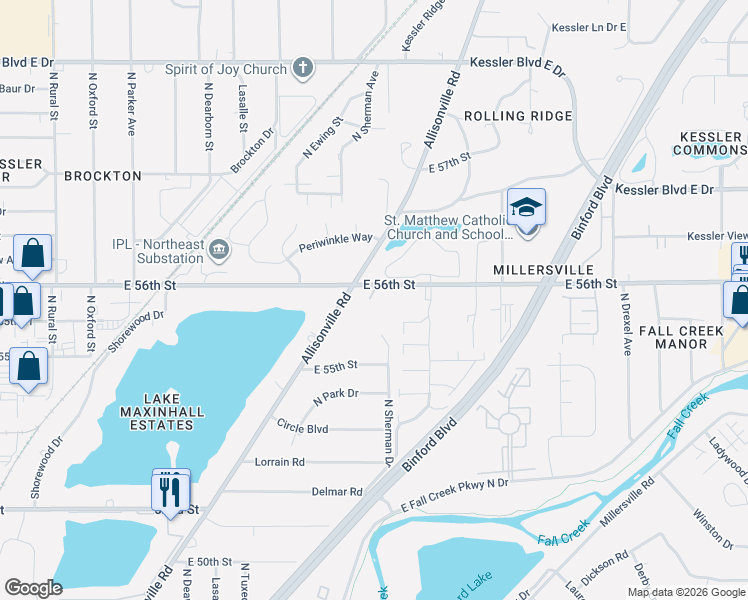 map of restaurants, bars, coffee shops, grocery stores, and more near 8 Arbor Green Lane in Indianapolis