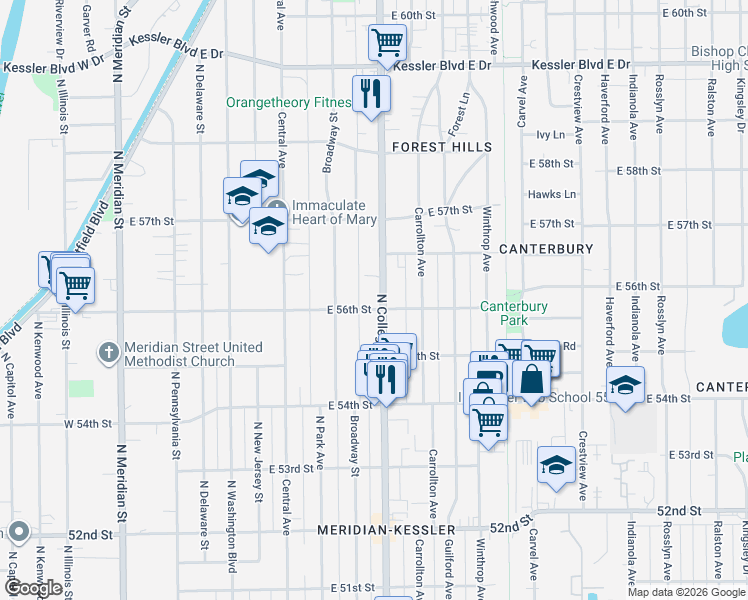 map of restaurants, bars, coffee shops, grocery stores, and more near 635 Northview Avenue in Indianapolis