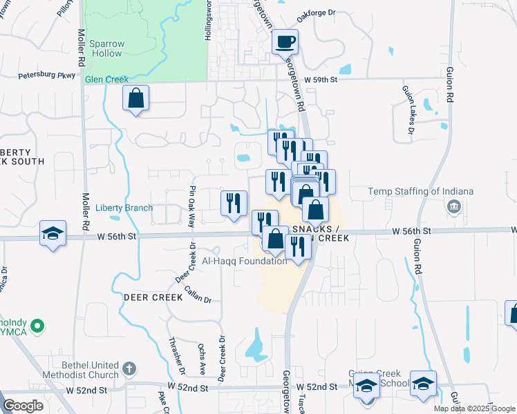 map of restaurants, bars, coffee shops, grocery stores, and more near 5670 Eden Village Drive in Indianapolis