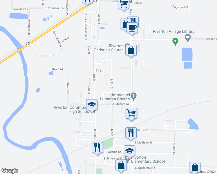 map of restaurants, bars, coffee shops, grocery stores, and more near 1000-1026 North 5th Street in Riverton