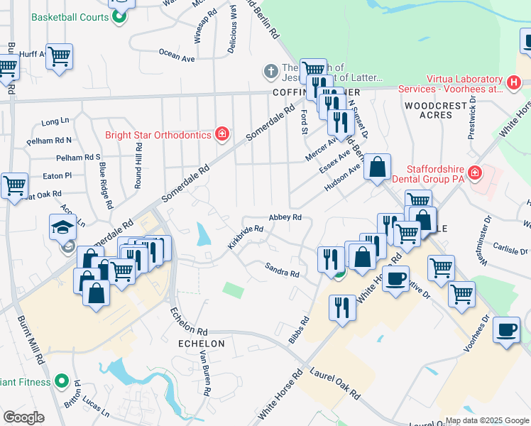 map of restaurants, bars, coffee shops, grocery stores, and more near 221 Camden Avenue in Voorhees Township