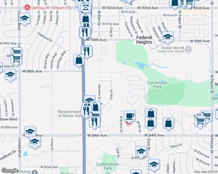 map of restaurants, bars, coffee shops, grocery stores, and more near 8675 Clay Street in Westminster