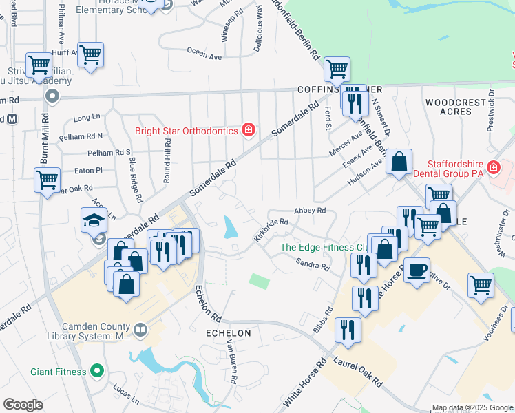 map of restaurants, bars, coffee shops, grocery stores, and more near 1113 Rowand Court in Voorhees Township
