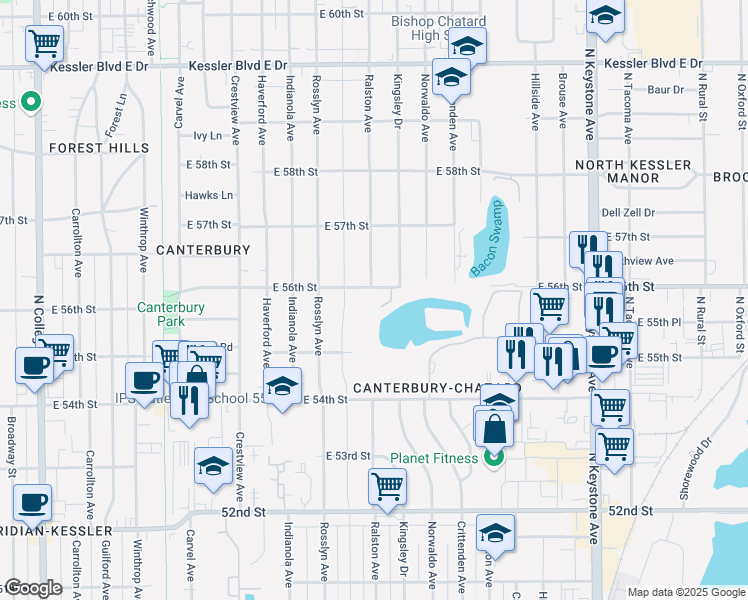 map of restaurants, bars, coffee shops, grocery stores, and more near 5601 Ralston Avenue in Indianapolis