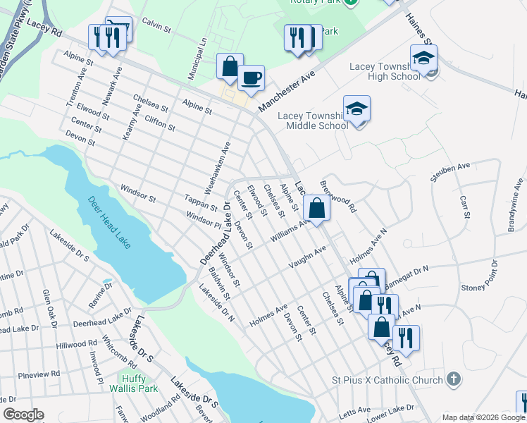 map of restaurants, bars, coffee shops, grocery stores, and more near 641 Elwood Street in Lacey Township