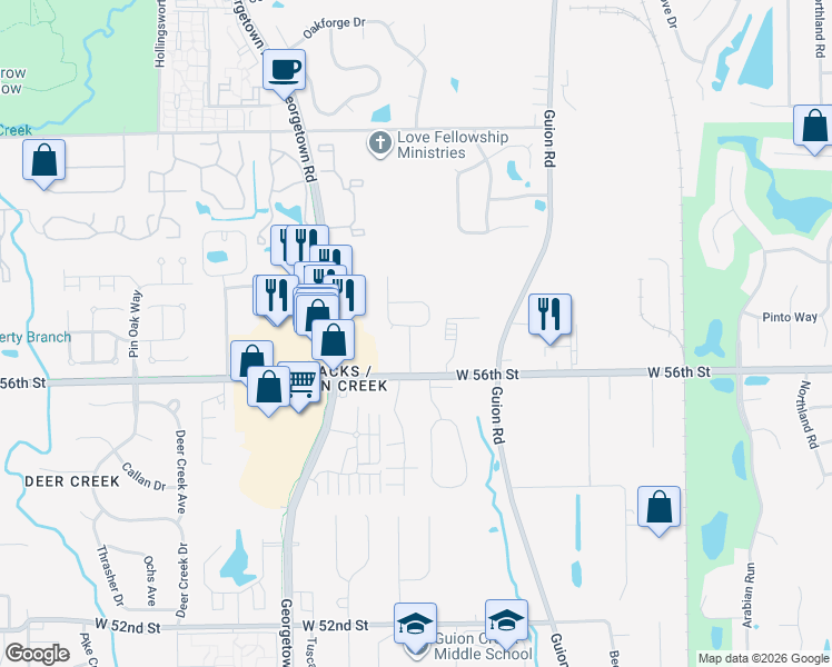 map of restaurants, bars, coffee shops, grocery stores, and more near 4508 Brookmeadow Drive in Indianapolis