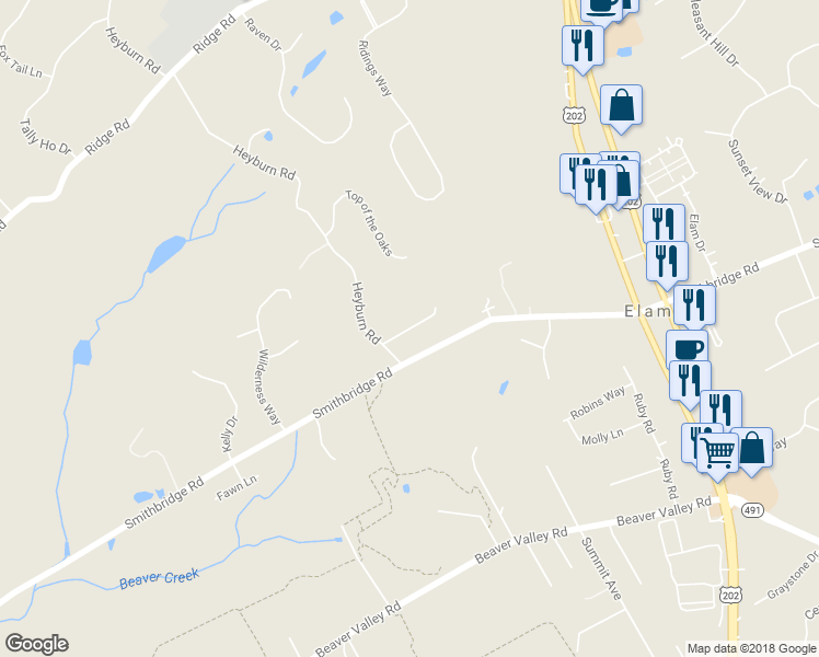 map of restaurants, bars, coffee shops, grocery stores, and more near 98 Foothill Path in Chadds Ford