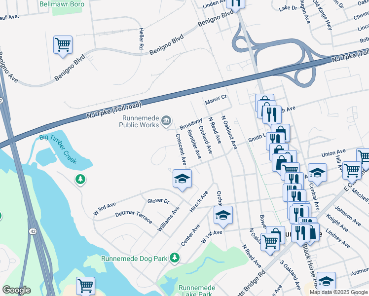 map of restaurants, bars, coffee shops, grocery stores, and more near 840 Crescent Avenue in Runnemede