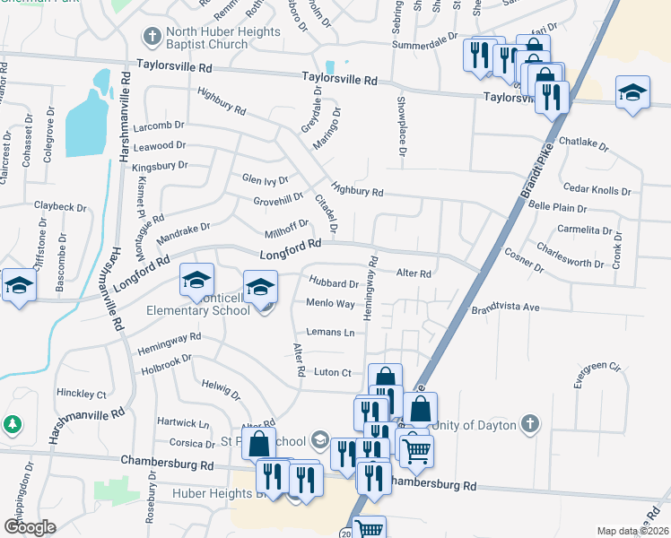 map of restaurants, bars, coffee shops, grocery stores, and more near 6733 Alter Road in Dayton