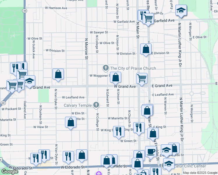 map of restaurants, bars, coffee shops, grocery stores, and more near 1260 North Edward Street in Decatur