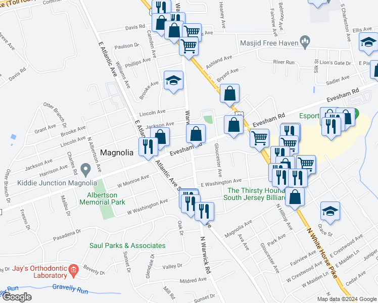 map of restaurants, bars, coffee shops, grocery stores, and more near 104 West Evesham Avenue in Magnolia