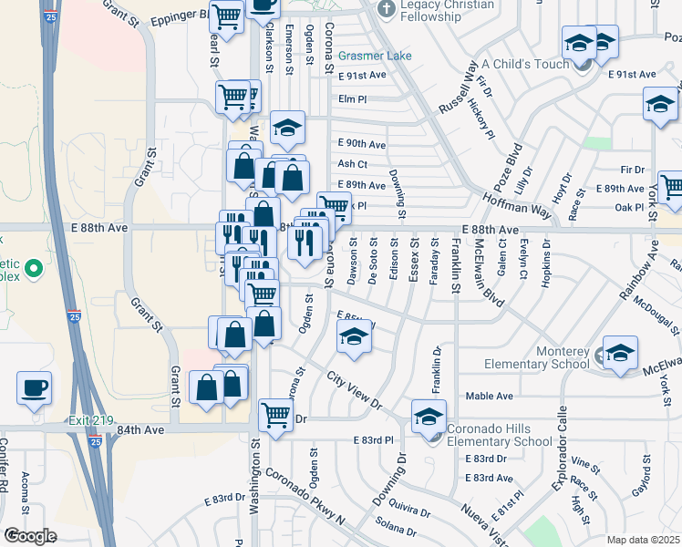 map of restaurants, bars, coffee shops, grocery stores, and more near 8760 Corona Street in Thornton