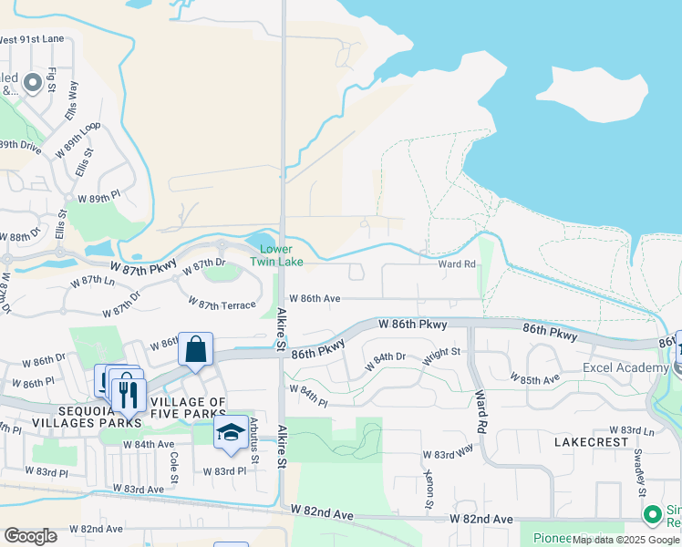 map of restaurants, bars, coffee shops, grocery stores, and more near 12863 West 87th Avenue in Arvada