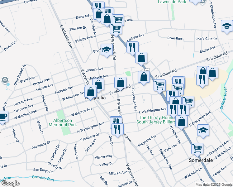map of restaurants, bars, coffee shops, grocery stores, and more near 101 Evesham Road in Magnolia