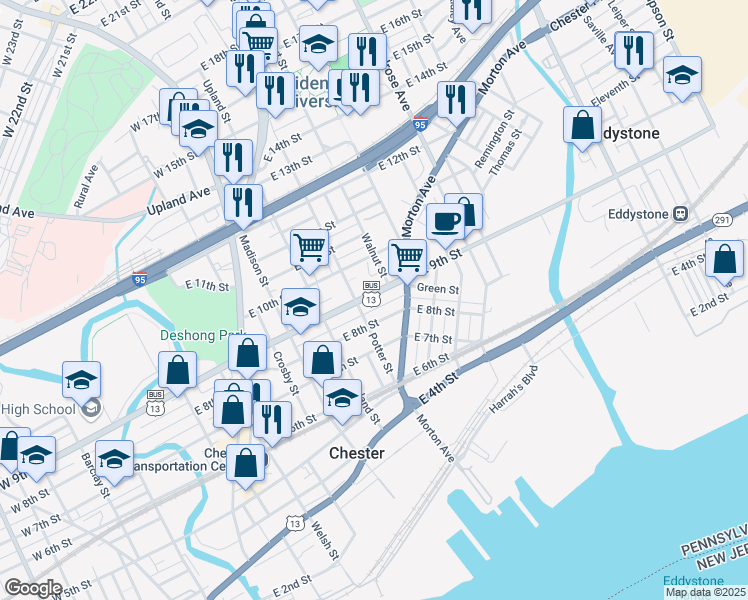 map of restaurants, bars, coffee shops, grocery stores, and more near 512 9th Street in Chester
