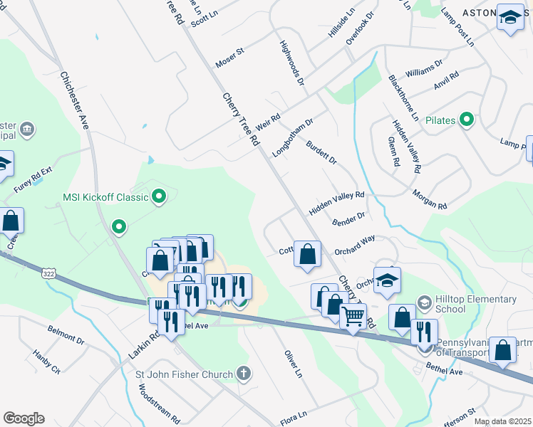 map of restaurants, bars, coffee shops, grocery stores, and more near 700 Cherry Tree Road in Aston