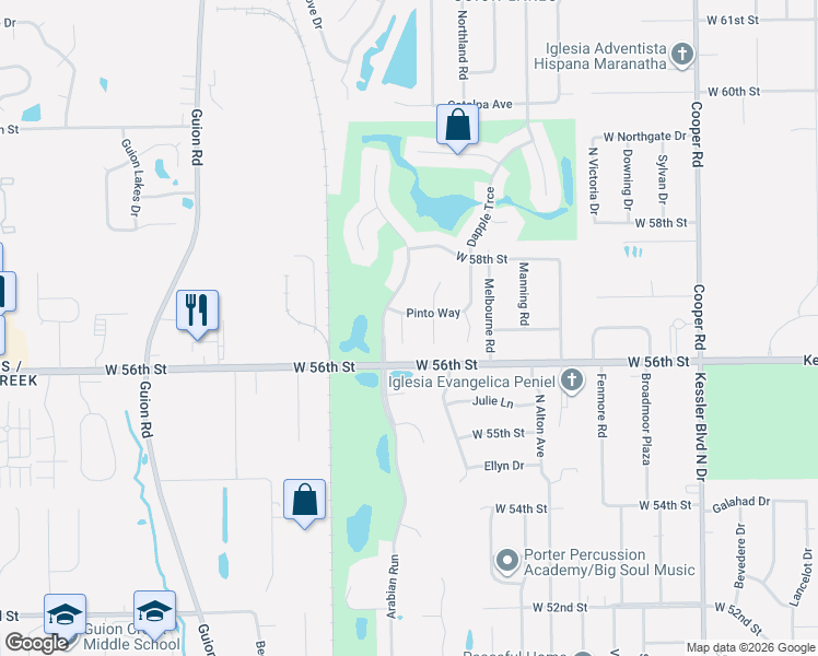 map of restaurants, bars, coffee shops, grocery stores, and more near 3638 Pinto Way in Indianapolis