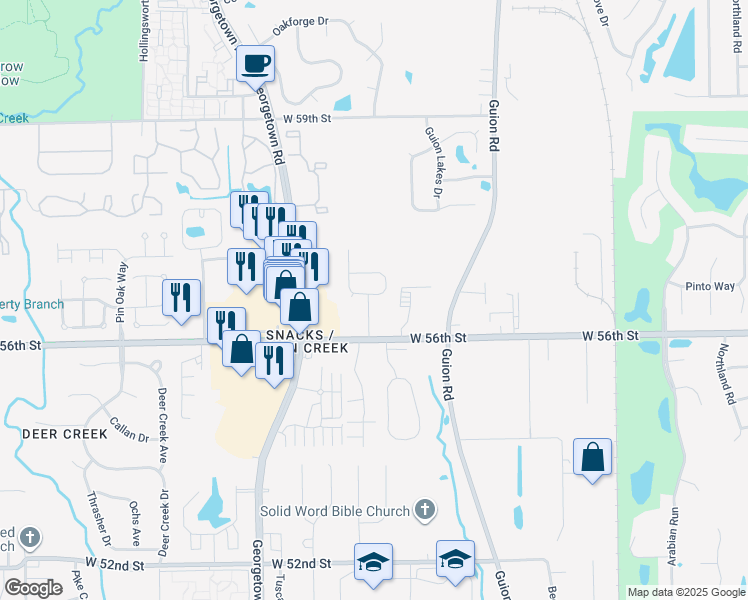 map of restaurants, bars, coffee shops, grocery stores, and more near 4508 Brookmeadow Drive in Indianapolis