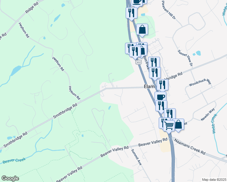 map of restaurants, bars, coffee shops, grocery stores, and more near 3 Kaolin Place in Chadds Ford