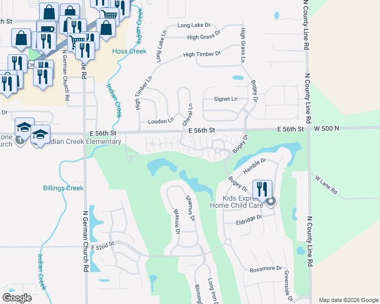 map of restaurants, bars, coffee shops, grocery stores, and more near 11438 Winding Wood Drive in Indianapolis