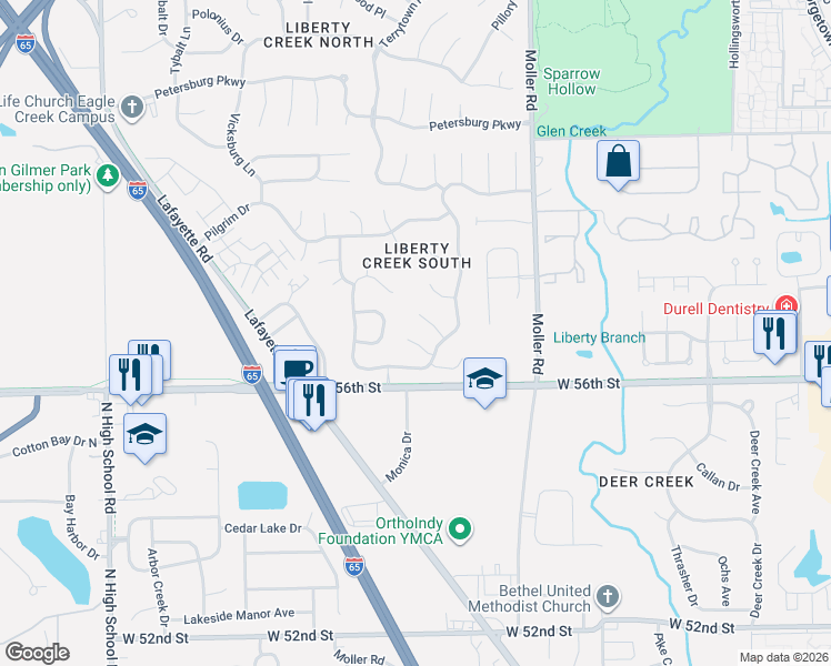 map of restaurants, bars, coffee shops, grocery stores, and more near 5690 Abercromby Circle in Indianapolis